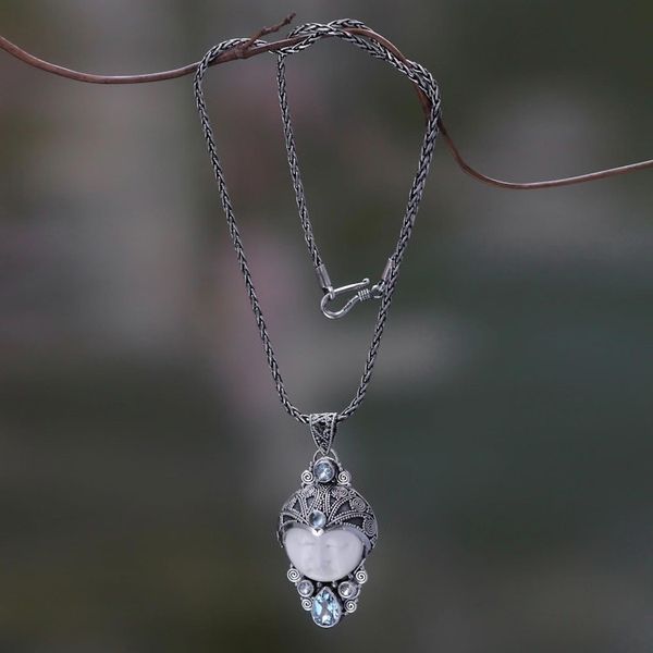 Alternate image for Carved Bone and Blue Topaz Silver Pendant Necklace Dayang Sumbi