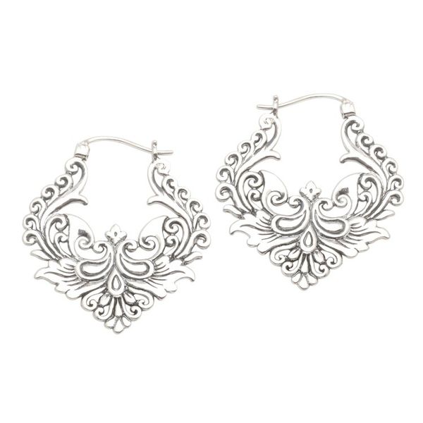Alternate image for Ornate Balinese Sterling Silver Hoop Earrings Floral Flame