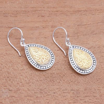 Alternate image for Swirl Pattern Gold Accented Sterling Silver Dangle Earrings Droplet Frames