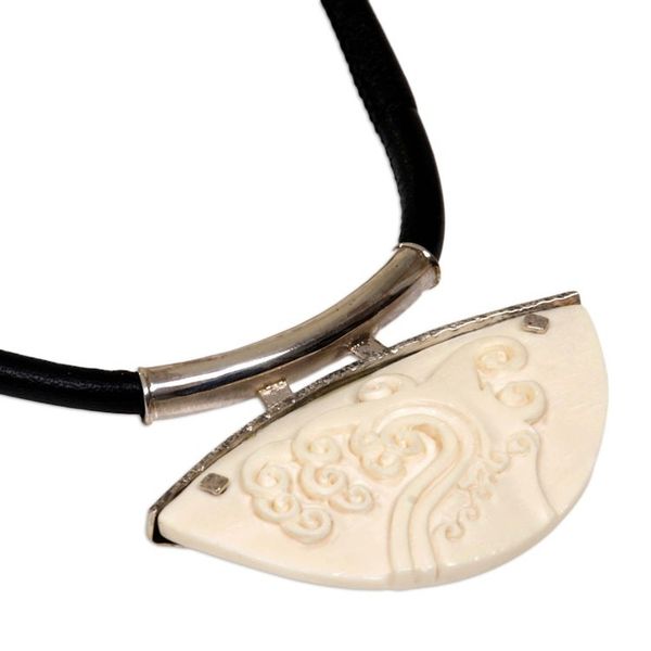 Alternate image for Unique Leather and Cow Bone Necklace Ocean Wave