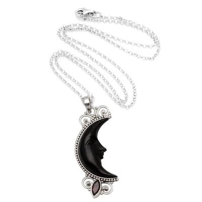 Alternate image for Silver and Garnet Moon Necklace with Water Buffalo Horn Dark Crescent Moon