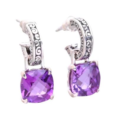 Alternate image for Amethyst and Sterling Silver Dangle Earrings from Bali Buddha Hoops