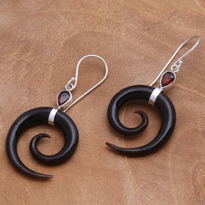 Alternate image for Swirl-Shaped Garnet and Dark Horn Dangle Earrings from Bali Shadow Swirls