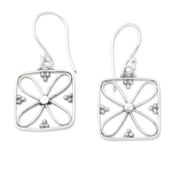Alternate image for Handmade Balinese Floral 925 Sterling Silver Dangle Earrings Four Petal Corners