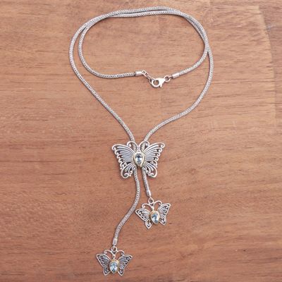 Alternate image for Gold Accented Blue Topaz Butterfly Lariat Necklace Butterfly Trio