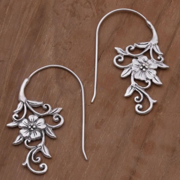 Alternate image for Indonesian Handmade Sterling Silver Flower Drop Earrings Floral Vines
