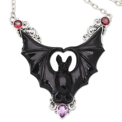 Alternate image for Horn Amethyst Garnet  Sterling Silver Bat Pendant Necklace Midnight Bat