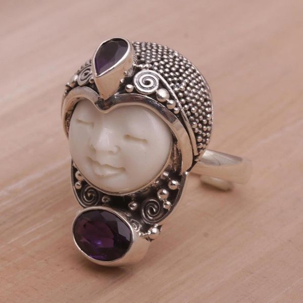 Alternate image for Amethyst and 925 Silver Face Shaped Ring from Bali Moonlight Prince