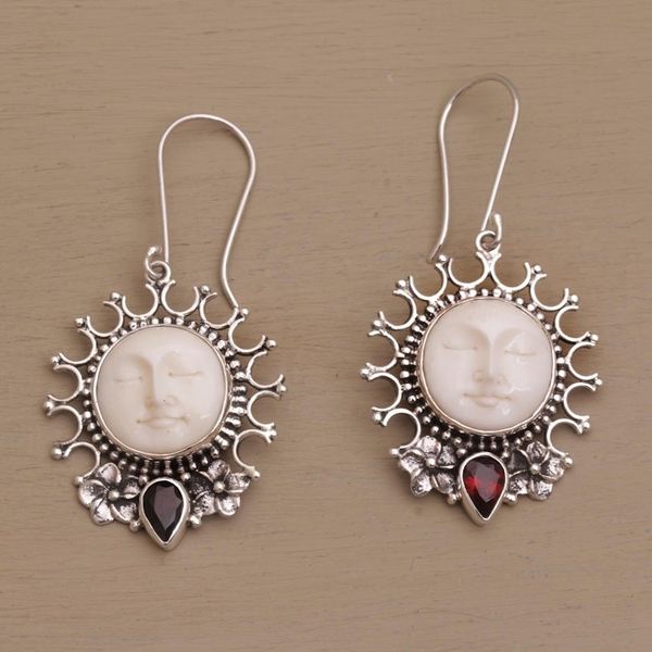 Alternate image for Handcrafted Sun-Themed Garnet Dangle Earrings from Bali Sunny Soul