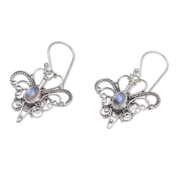Alternate image for Rainbow Moonstone Sterling Silver Dangle Earrings Butterfly Love