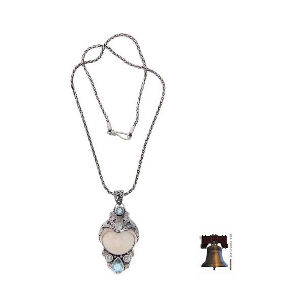 Alternate image for Carved Bone and Blue Topaz Silver Pendant Necklace Dayang Sumbi