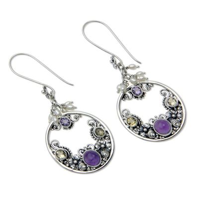 Alternate image for Pearl and Amethyst Earrings from Balinese Artisan Frangipani Moons