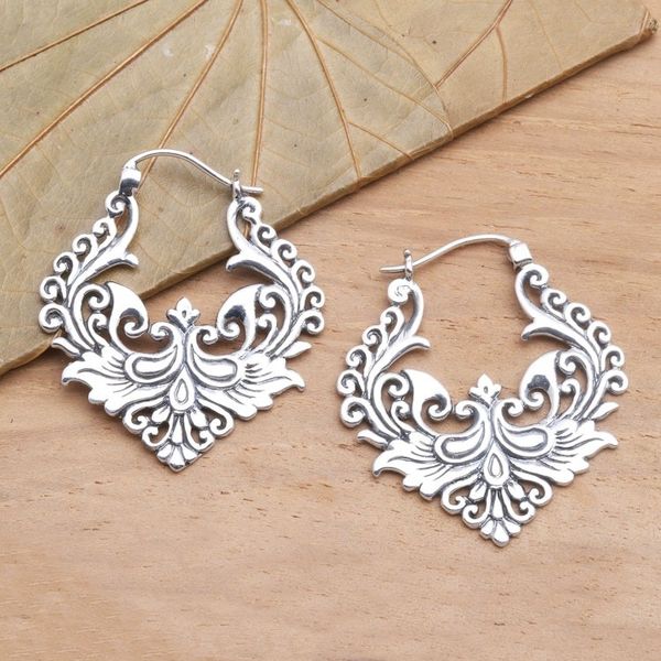 Alternate image for Ornate Balinese Sterling Silver Hoop Earrings Floral Flame