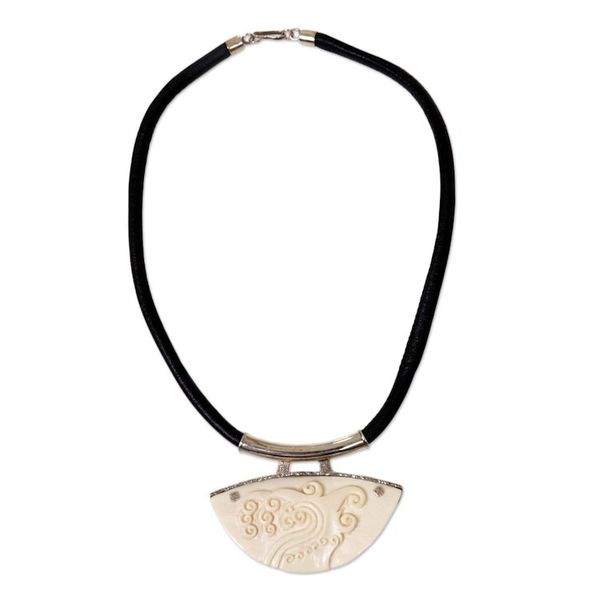 Alternate image for Unique Leather and Cow Bone Necklace Ocean Wave