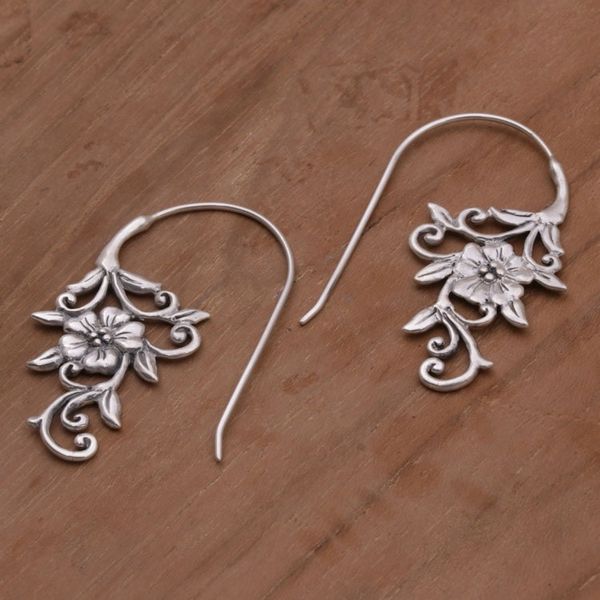 Alternate image for Indonesian Handmade Sterling Silver Flower Drop Earrings Floral Vines