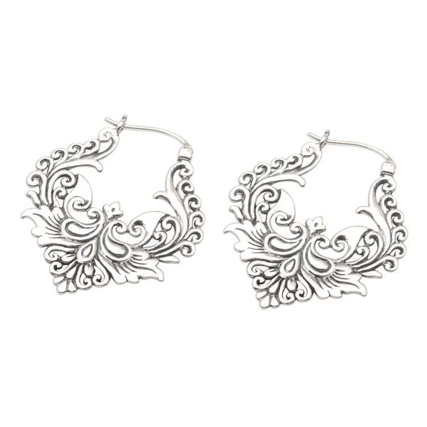 Alternate image for Ornate Balinese Sterling Silver Hoop Earrings Floral Flame