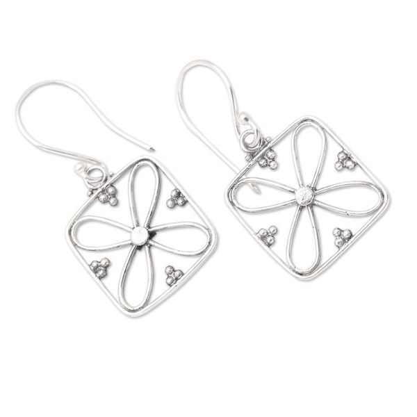 Alternate image for Handmade Balinese Floral 925 Sterling Silver Dangle Earrings Four Petal Corners