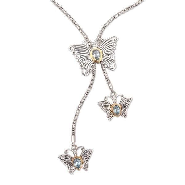 Alternate image for Gold Accented Blue Topaz Butterfly Lariat Necklace Butterfly Trio
