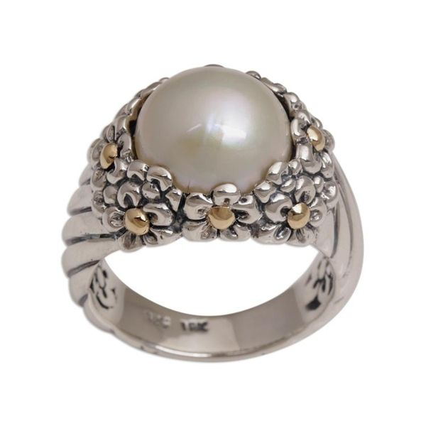 Alternate image for Handmade Cultured Pearl Cocktail Ring with Floral Motifs Daisy Glow