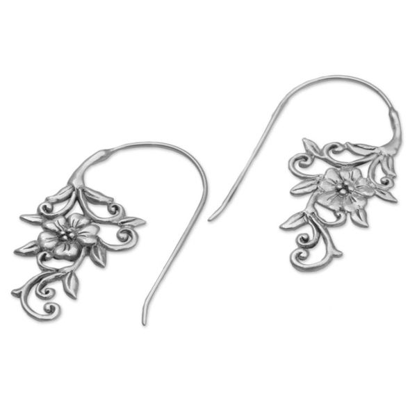 Alternate image for Indonesian Handmade Sterling Silver Flower Drop Earrings Floral Vines