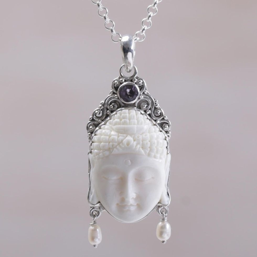 Amethyst Cultured Pearl and Bone Buddha Pendant Necklace 'Blessed Buddha'