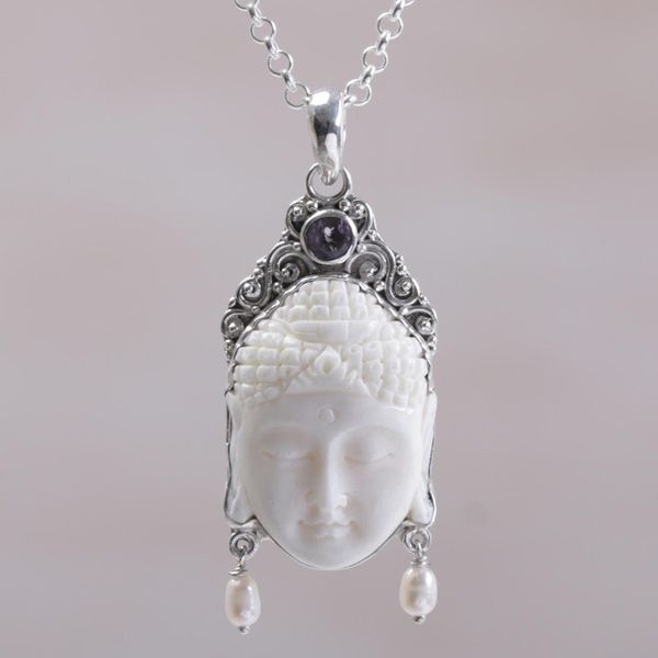 Alternate image for Amethyst Cultured Pearl and Bone Buddha Pendant Necklace Blessed Buddha