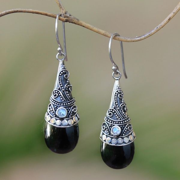 Alternate image for Hematite and Rainbow Moonstone Silver Earrings Bali Mystique