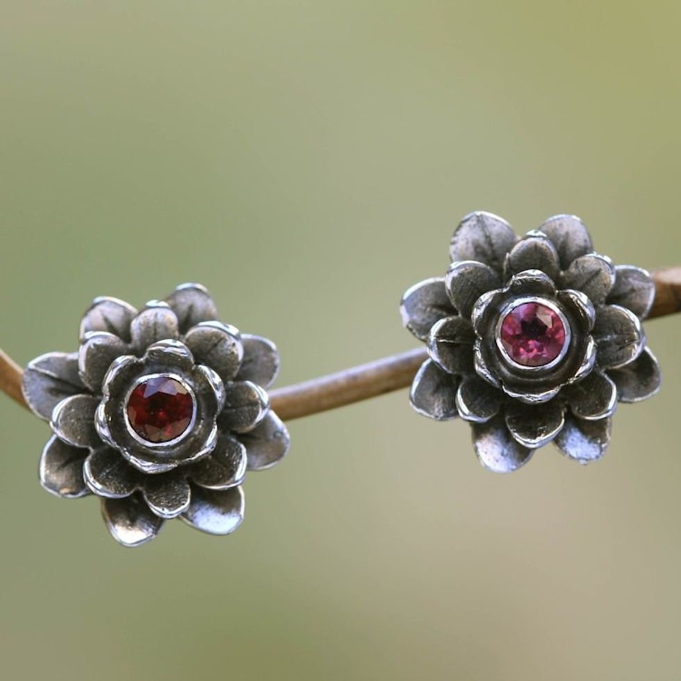 Floral Sterling Silver Garnet Earrings 'Red-Eyed Lotus'