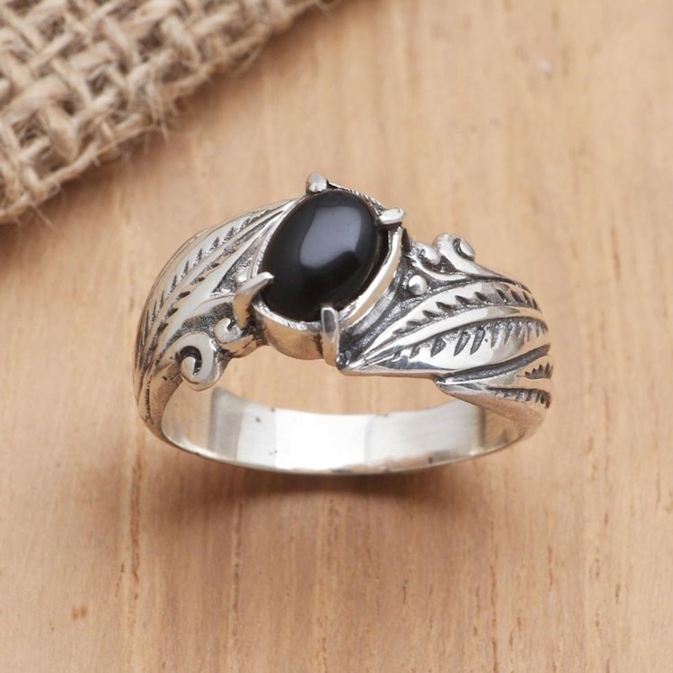 Sterling Silver and Onyx Single Stone Ring 'Frangipani Leaves'