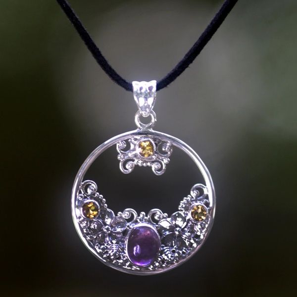 Alternate image for Citrine Amethyst and Sterling Silver Necklace Bali Jewelry Frangipani Moon