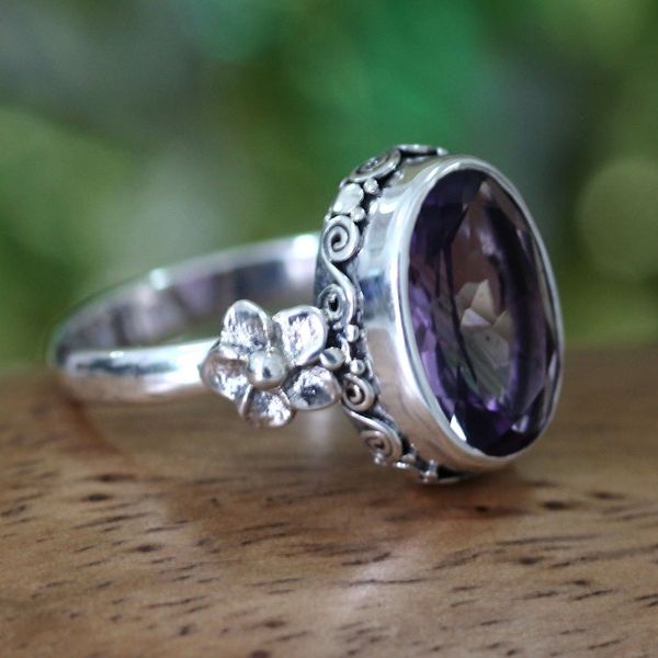 Alternate image for Handcrafted Floral Sterling Silver and Amethyst Ring Frangipani Allure