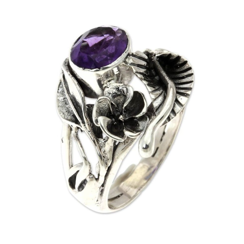 Fair Trade Floral Amethyst and Silver Ring 'Frangipani Bouquet'