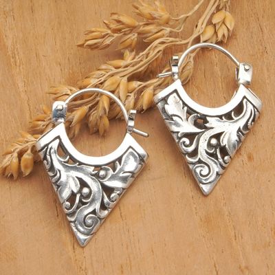 Alternate image for Geometric Leafy Sterling Silver Hoop Earrings from Bali Menjangan Peak