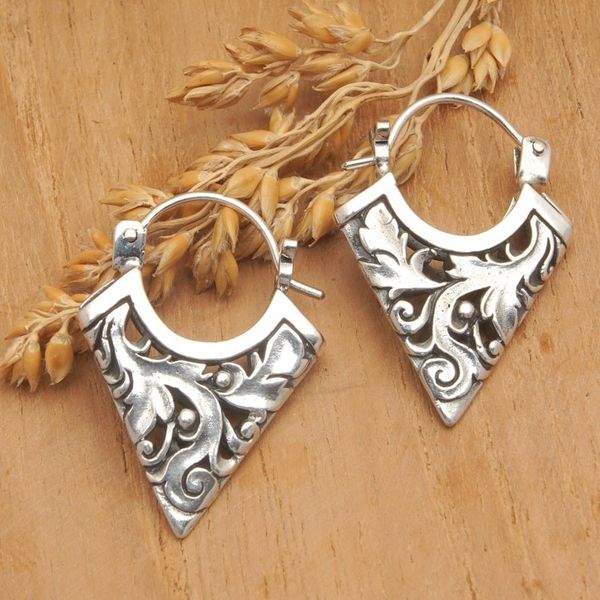 Alternate image for Geometric Leafy Sterling Silver Hoop Earrings from Bali Menjangan Peak