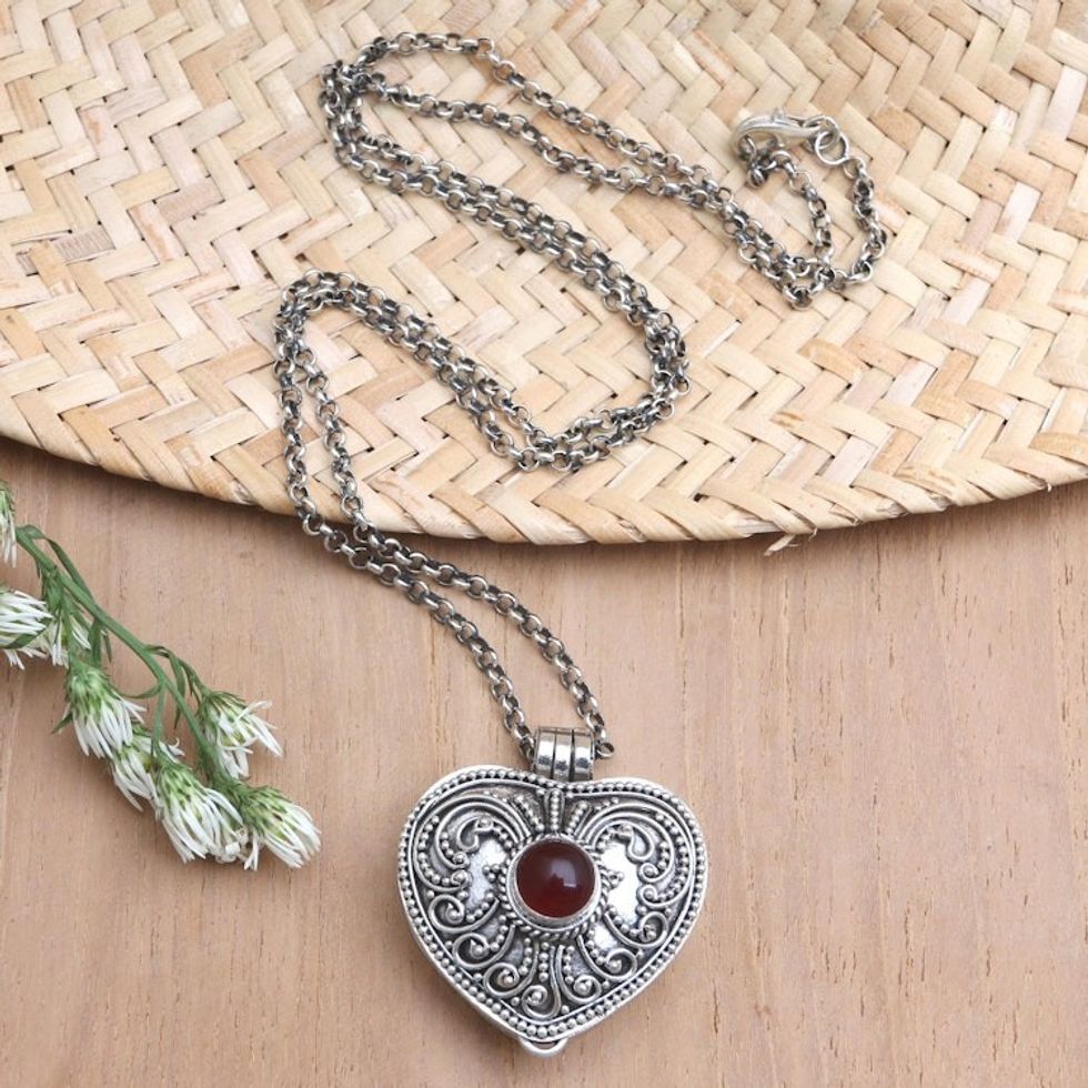 Garnet Locket Necklace with Heart Motif 'Open Secret'