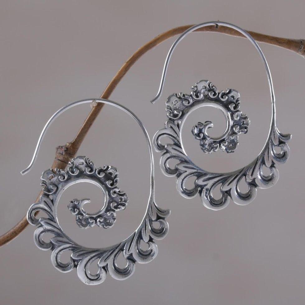 925 Sterling Silver Paisley Half-Hoop Earrings from Bali 'Paisley Ferns'