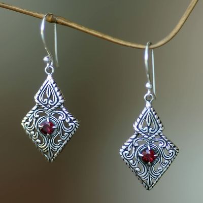Alternate image for Fair Trade Sterling Silver and Garnet Ornate Dangle Earrings Sacred Forest