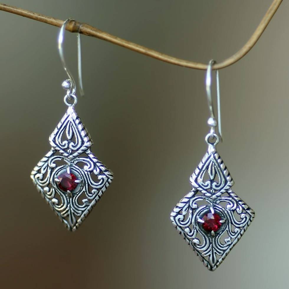Fair Trade Sterling Silver and Garnet Ornate Dangle Earrings 'Sacred Forest'