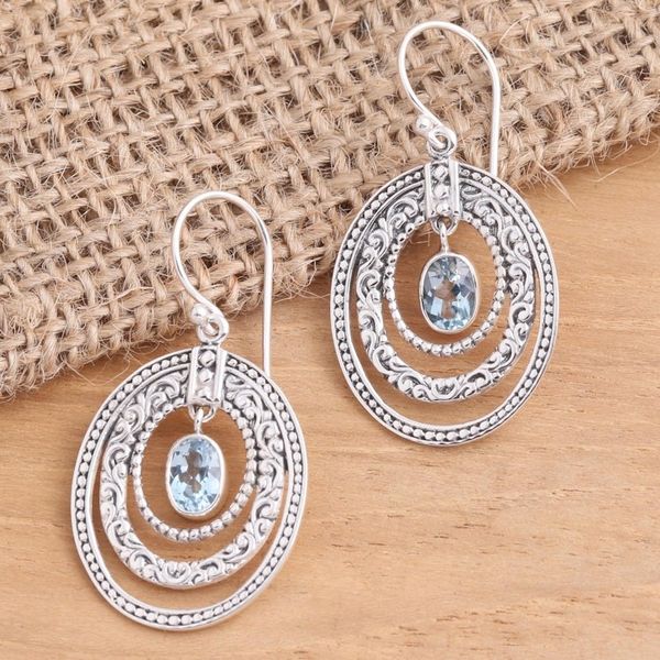 Alternate image for Concentric Circle Blue Topaz Earrings Balinese Motif Inner Circles in Blue