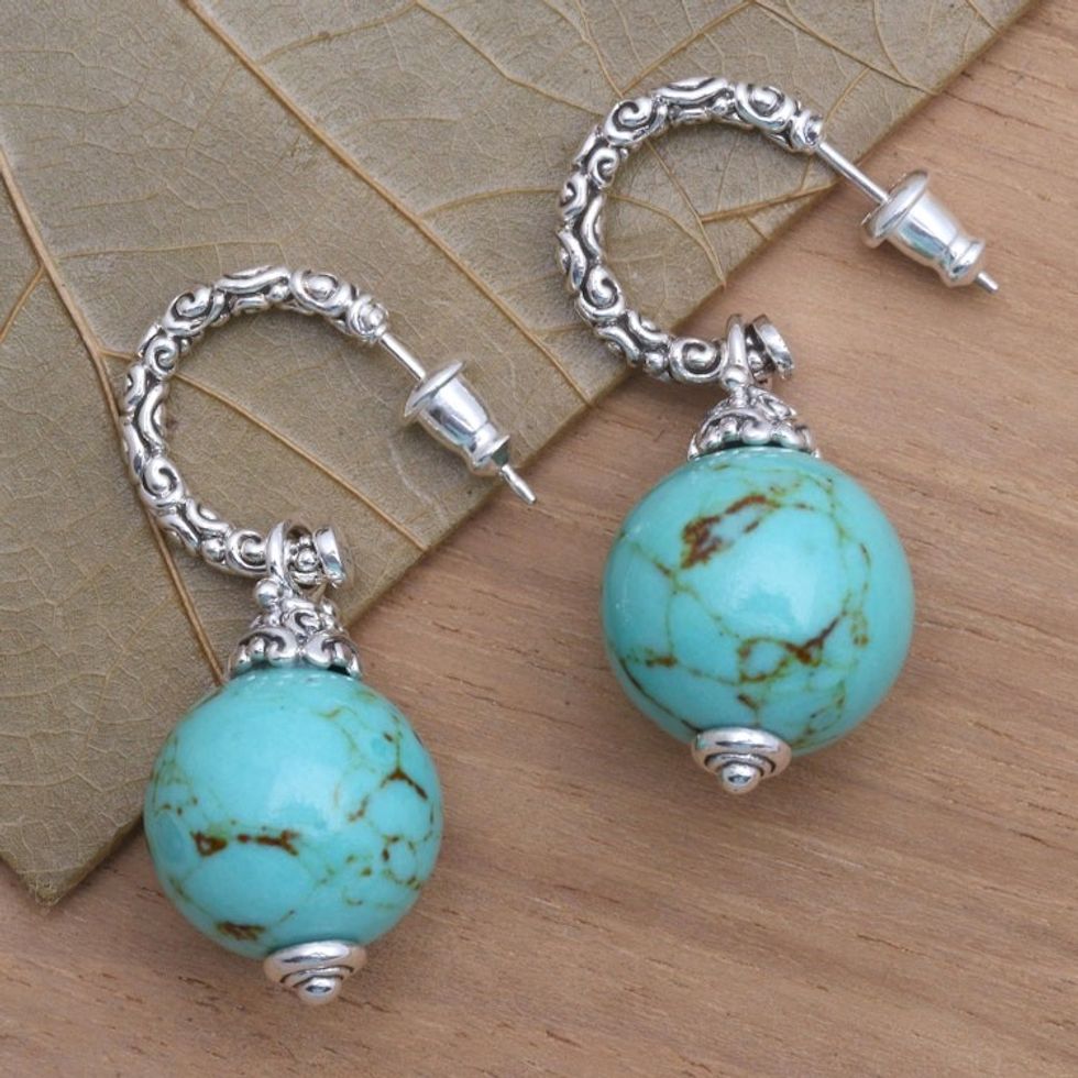 Ornate Sterling Silver Earrings with Reconstituted Turquoise 'Serene Planet'