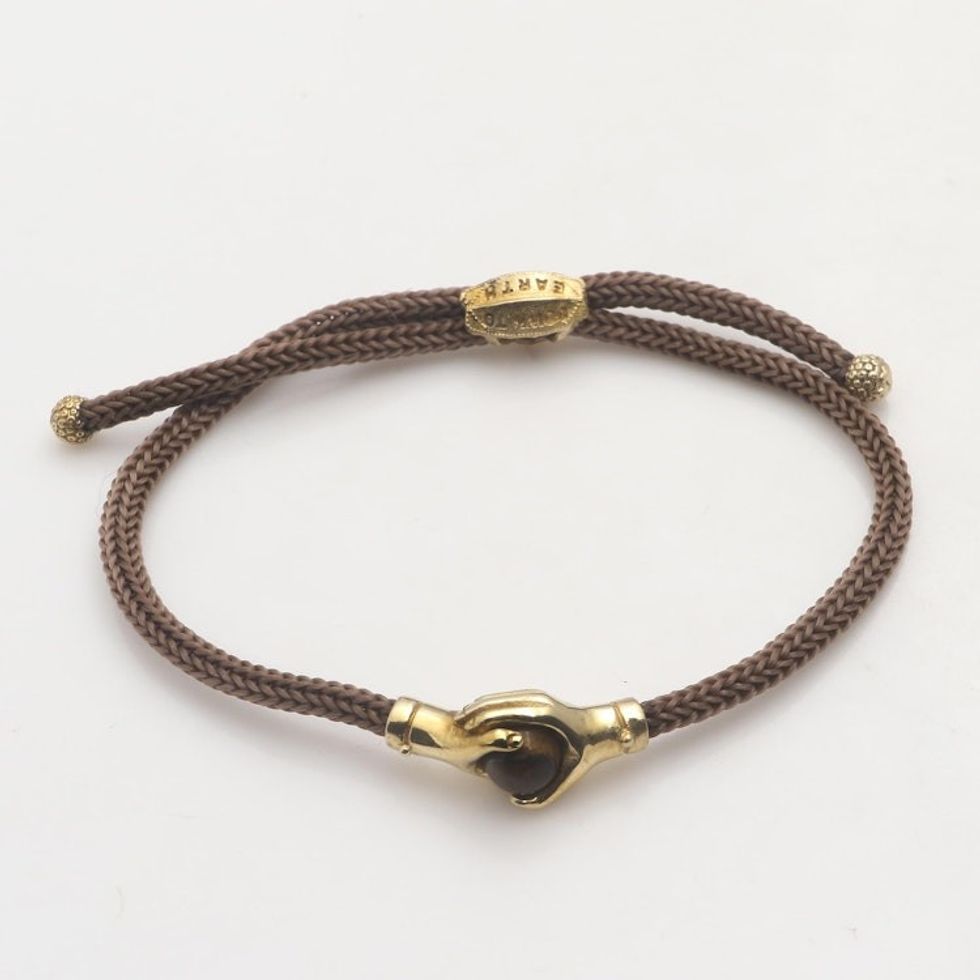 Bali Brass and Tiger's Eye Brown Cord Unity Bracelet 'Golden Brown Handshake'