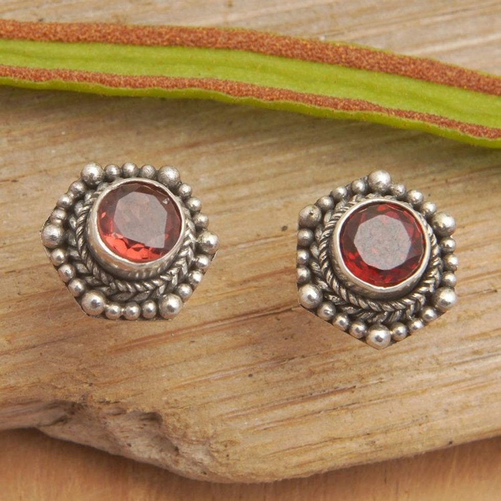 Geometric Sterling Silver Stud Earrings with Garnet Stones 'Passion Core'