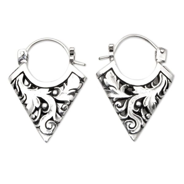 Alternate image for Geometric Leafy Sterling Silver Hoop Earrings from Bali Menjangan Peak