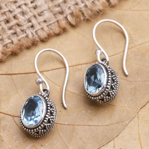 Alternate image for Handmade Sterling Silver and Blue Topaz Dangle Earrings Soft Music in Blue