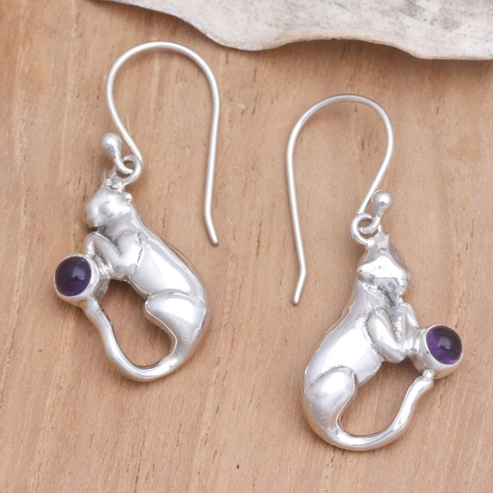 Handmade Sterling Silver and Amethyst Earrings 'Dreams of a Cat'