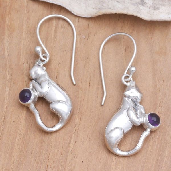 Alternate image for Handmade Sterling Silver and Amethyst Earrings Dreams of a Cat
