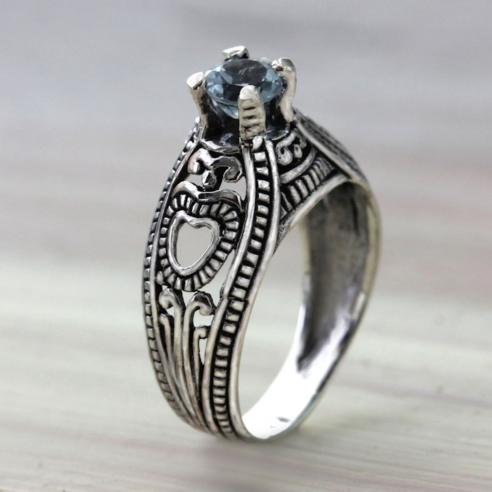 Balinese Blue Topaz Solitaire with Sterling Silver Cutouts 'Sukawati Sky'