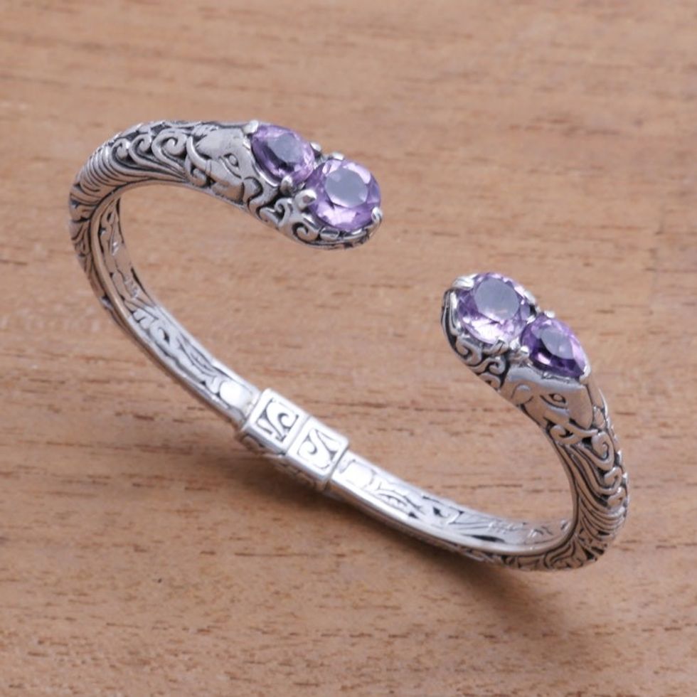 4-Carat Elephant-Themed Amethyst Cuff Bracelet from Bali 'Elephant's Treasure'