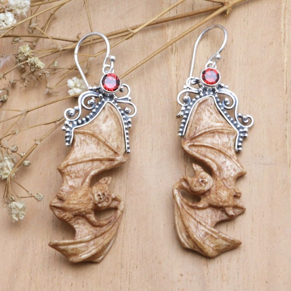 Garnet Sterling Silver and Bone Bat-Themed Dangle Earrings 'Brown Bats'