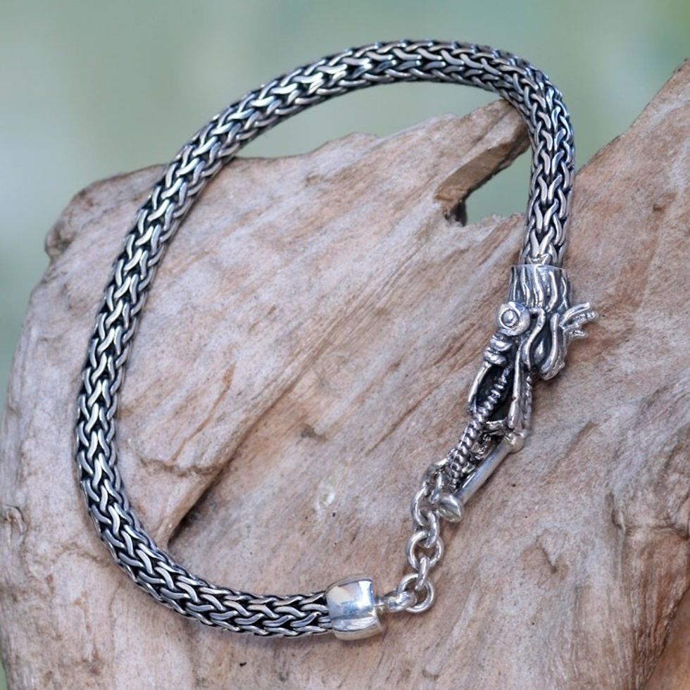 Sterling Silver Wheat Chain Bracelet with Dragon Head Clasp 'Dragon Tale'